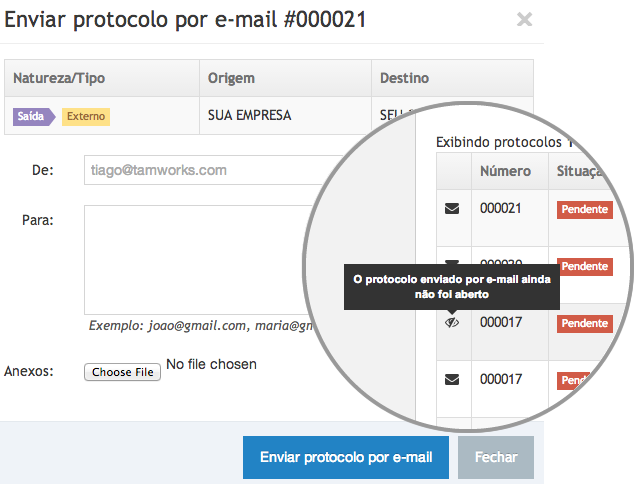 imagem do sistema eProtocolo com informações de enviar protocolo por e-mail e o detalhe da lista de protocolos que foram enviados